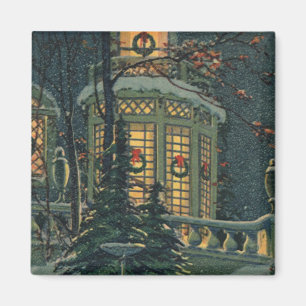 Aimant Vintage Noël, Maison avec des couronnes dans Windo