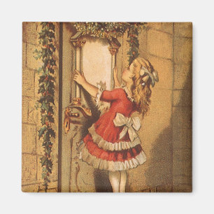 Aimant Vintage Noël Victorian Girl Hanging a Garland