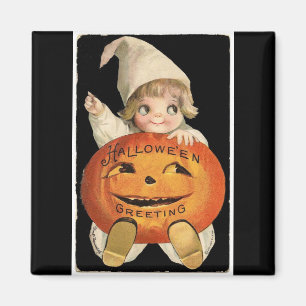 Aimant Vintage petite fille avec grand Citrouille Hallowe