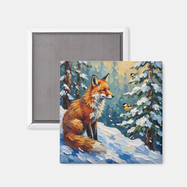 Aimant Vintage Red Fox and Chickadees Christmas Painting (Recto/Verso)
