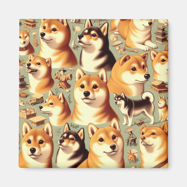 Aimant Vintage Shiba Inu Motif sans couture (Devant)