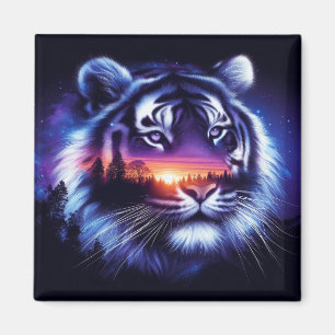 Aimant Visage de tigre et paysage de coucher de soleil Pi
