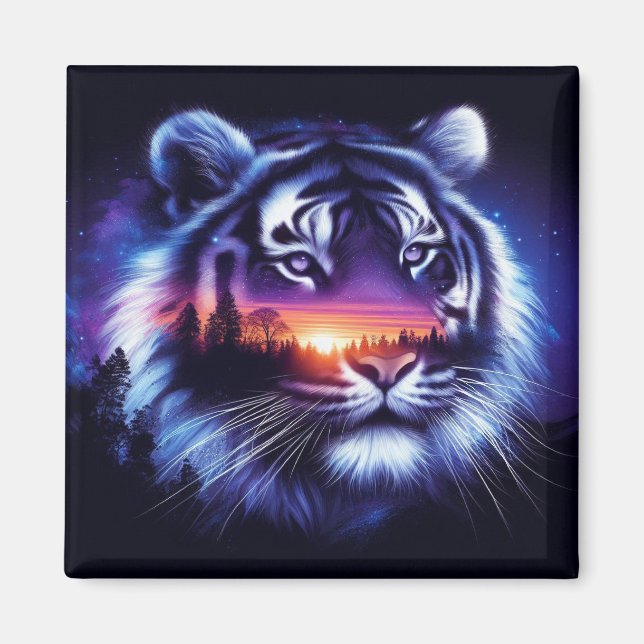 Aimant Visage de tigre et paysage de coucher de soleil Pi (Devant)