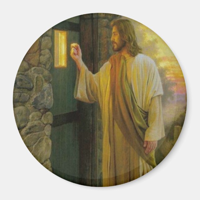 Aimant Visitation à Dawn Jesus frappe sur une porte rusti (Devant)