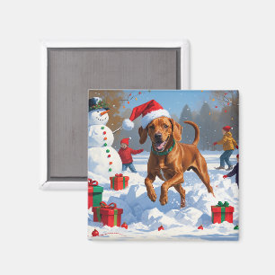 Aimant Vizsla courant dans la neige avec un chapeau de No