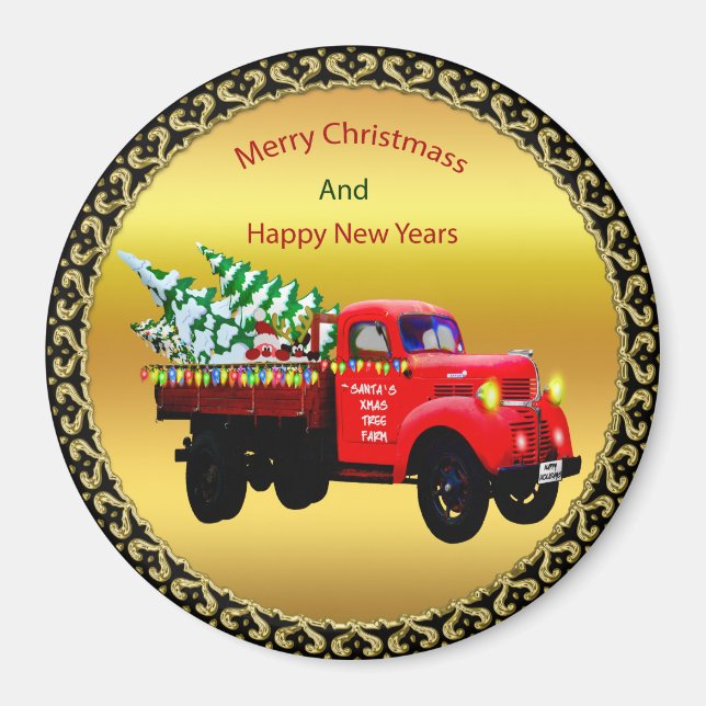 Aimant Voici Père Noël arbre de Noël camion de ferme (Devant)