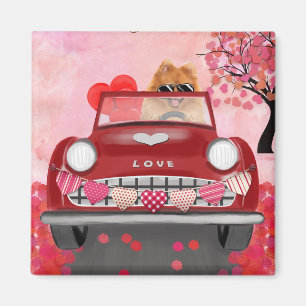 Aimant Voiture de Chien Poméranie avec Coeurs Saint Valen