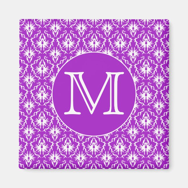 Aimant Votre Lettre. Modèle de damas violet et blanc. (Devant)