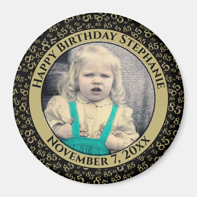 Aimant Votre photo 85e anniversaire Motif | Noir/Or (Devant)