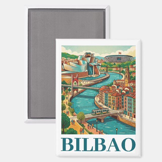 Aimant Voyage à Bilbao Espagne - Architecture Colorée (Recto/Verso)