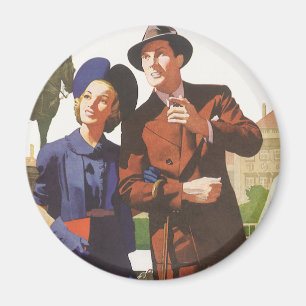 Aimant Voyage Rétro, Touristes en Vacances faisant du Tou