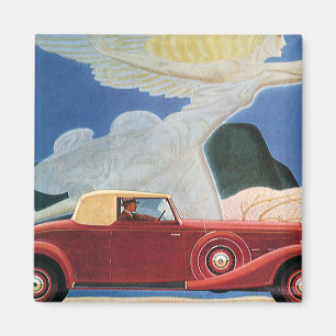 Aimant Voyage Vintage, Voiture Rouge Ancienne avec Femme 