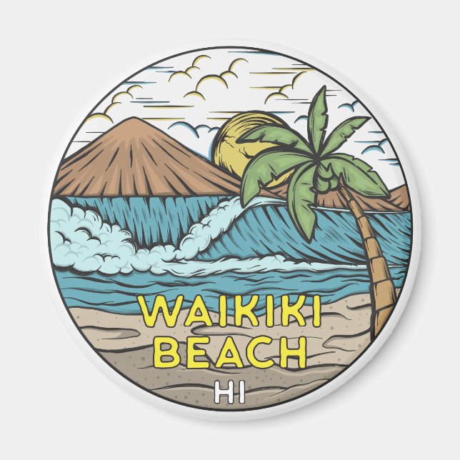 Aimant Waikiki Beach Hawaii Vintage (Devant)