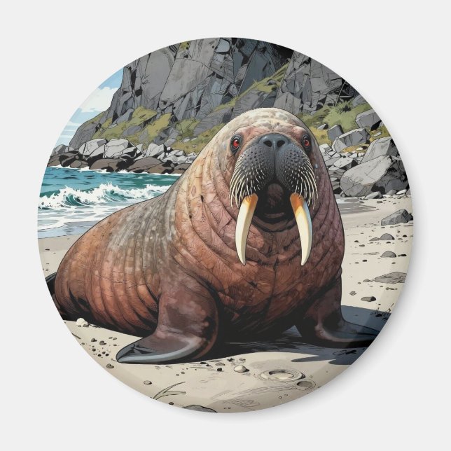 Aimant Walrus on a Sandy Beach  | Cute Animals (Devant)