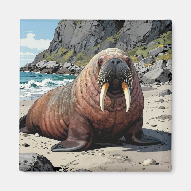 Aimant Walrus on a Sandy Beach  | Cute Animals (Devant)