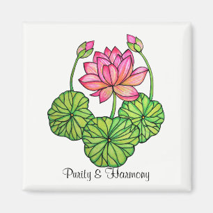 Aimant Watercolor Pink Lotus with Buds & Leaves
