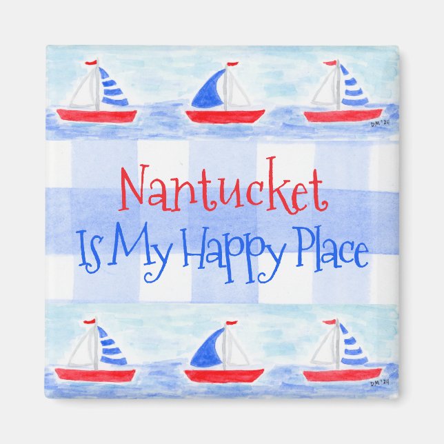 Aimant Watercolor Sailboat Check Happy Place TOWN NAME (Devant)