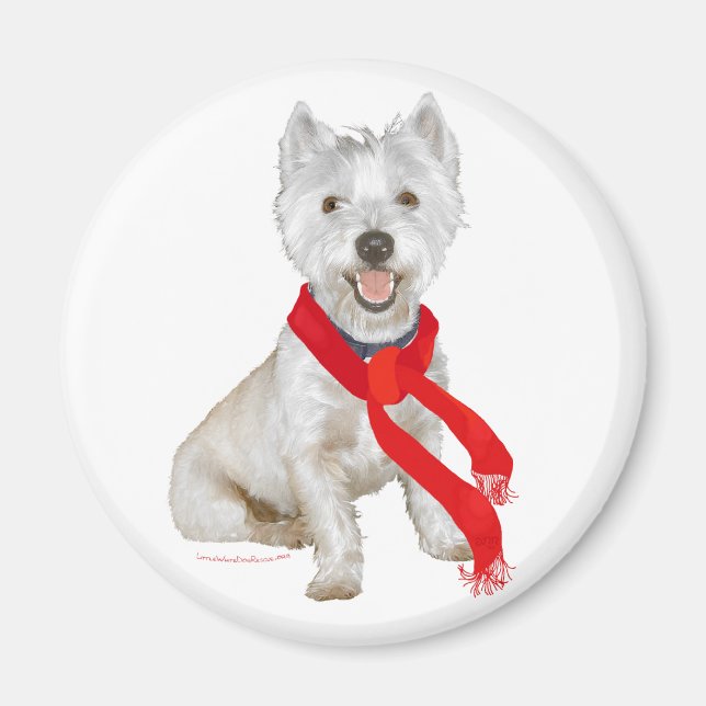Aimant Westie d'hiver dans une écharpe rouge (Devant)