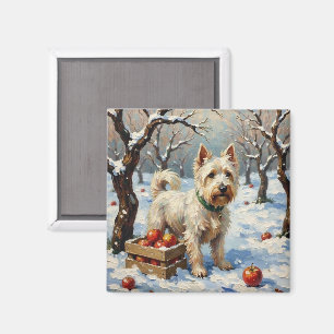 Aimant Westie vintage dans un verger enneigé à Noël