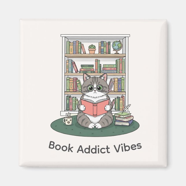Aimant Whimsical Cat Glasses Reading Bookshelf Cute Decor (Devant)