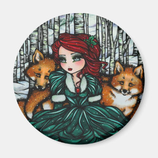 Aimant Whimsical Winter Foxes Forest Art par Hannah Lynn
