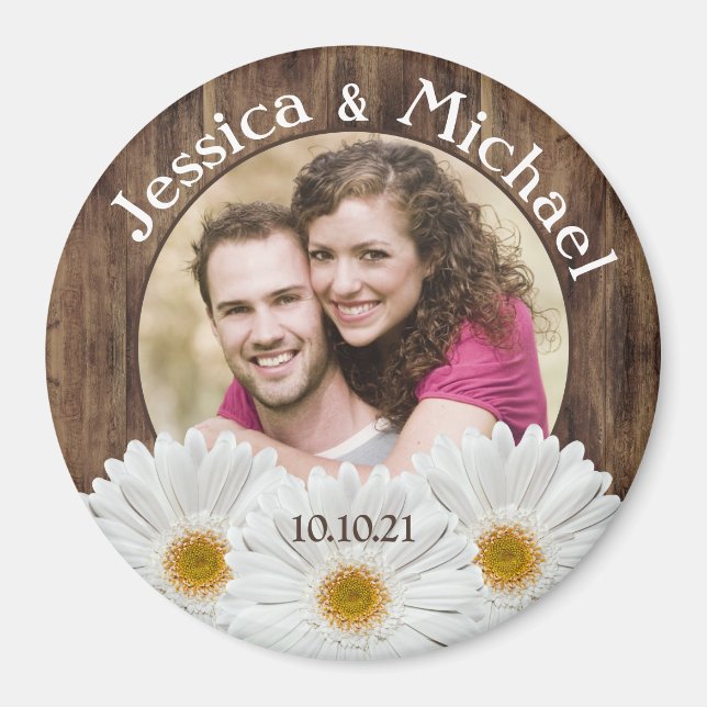 Aimant White Daisy Rustic Wood Photo Mariage Enregistrer  (Devant)