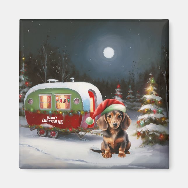 Aimant Winter Dachshund Caravan Christmas Adventure (Devant)
