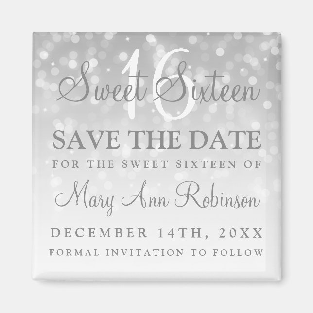 Aimant Winter Sweet 16 Anniversaire Fête Silver Bokeh Lum (Devant)