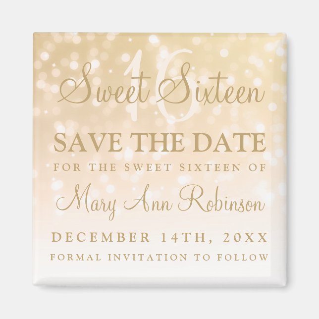 Aimant Winter Sweet 16 Anniversaire Soirée Gold Bokeh Lum (Devant)