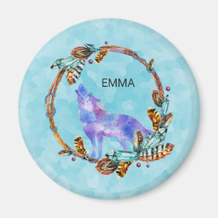 Aimant Wolf aquarelle avec modèle Boho Wreath personnalis