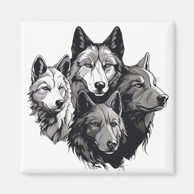 Aimant Wolf Pack Graphisme tribal Loups noirs et blancs (Devant)