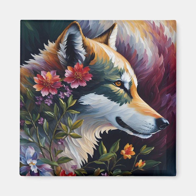 Aimant Wolf Portrait Floral Art (Devant)