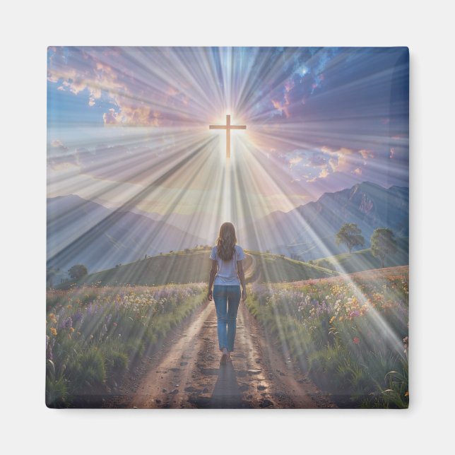 Aimant Woman Walking Toward Glowing Cross – Faith Journey (Devant)