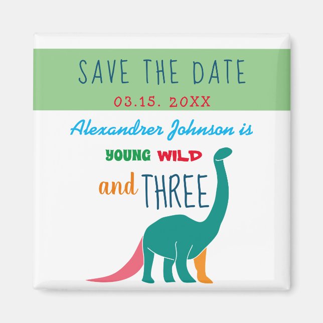 Aimant Young Wild and Three Dinosaur Green Save the Date (Devant)