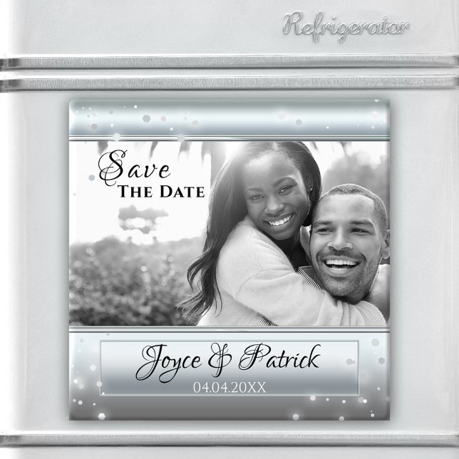 Aimants de photo pour annoncer la date de mariage  (Photo magnet featuring your custom photo framed by a sparkly silver design)