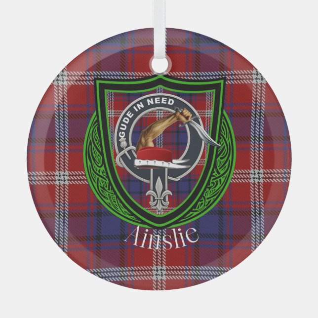 Ainslie Scottish Clan Tartan & Crest Glass Ornament (Front)
