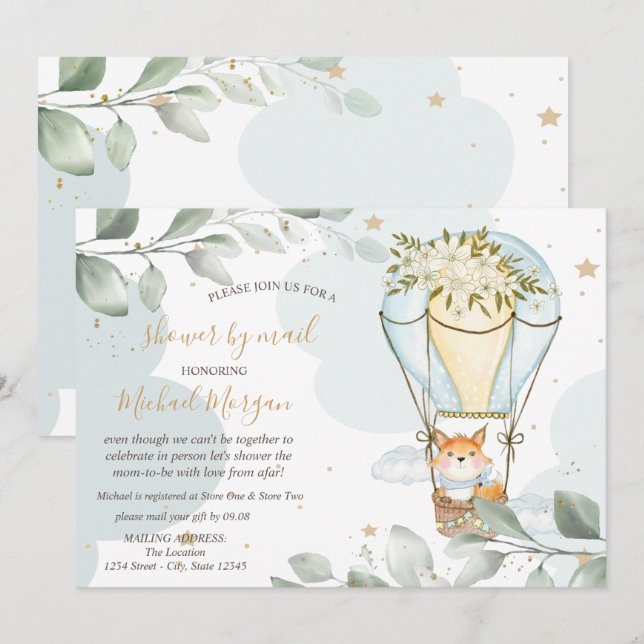 Air Balloon,Fox,Clouds,Stars,Baby Shower By Mail Invitation (Front/Back)