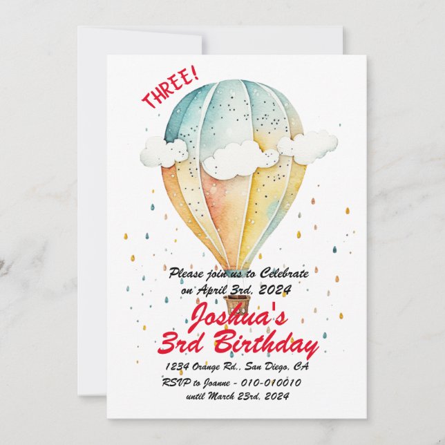 Air Balloon with little Clouds 3rd Birthday Party  Invitation (Front)