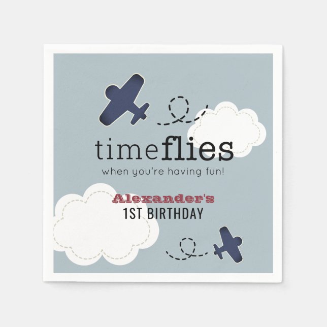 Air Flies Airplane Blue Boy Birthday Napkins (Front)