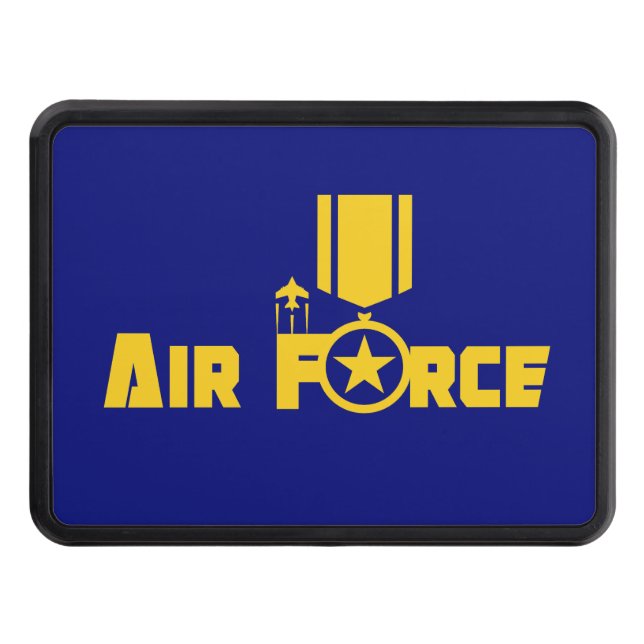Air Force Military Star Medal Aircraft Blue Gold Trailer Hitch Cover (Front)