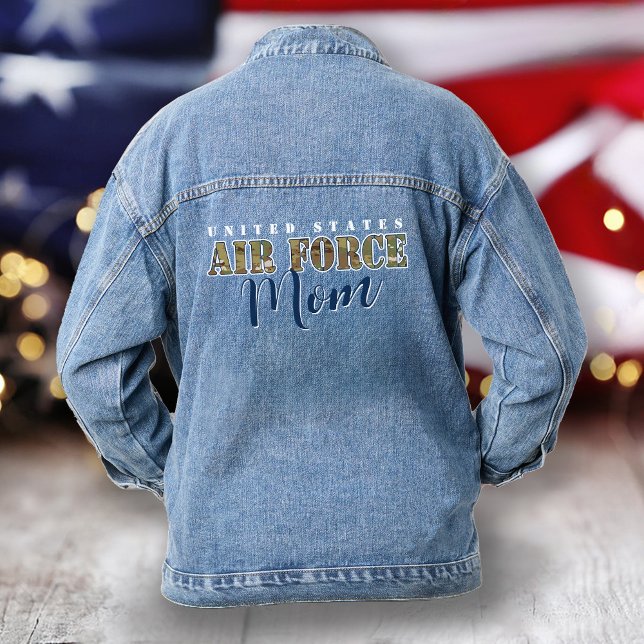 Air Force Mom Gift I Military Camouflage I USAF  Denim Jacket (women's patriotic military Air Force proud Mom  camouflage trendy denim jacket gift for graduation)
