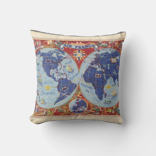 Air France Map of the World Throw Pillow (Front)