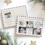 Air Mail Holiday Photo Collage Postcard<br><div class="desc">Unique holiday postcard design takes its cue from vintage postcards, with a blue and red striped border and stamp-style photos. Customize the front with your family name, a short holiday greeting (shown with "sending cheer"), and four photos. Add an additional photo to the back along with a custom headline, message...</div>