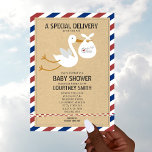 Air Mail Special Delivery Stork Unisex Baby Shower Invitation<br><div class="desc">A baby shower invitation featuring an illustration of a stork carrying bundle with postmark over a manila background with red and blue stripe border.  Twine inspired design at bottom and on back.   Personalize with details of your occasion.</div>