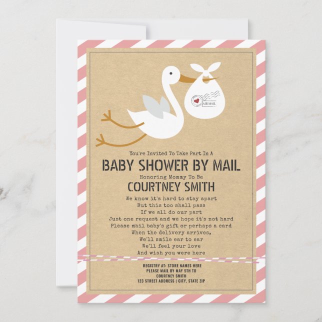 Air Mail Stork Pink Baby Shower By Mail Invitation (Front)
