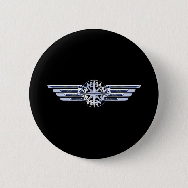 Air Pilot Chrome Like Wings Compass on Black 2 Inch Round Button (Front)