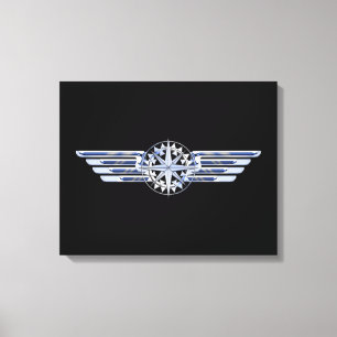 Air Pilot Chrome Like Wings Compass on Black Canvas Print