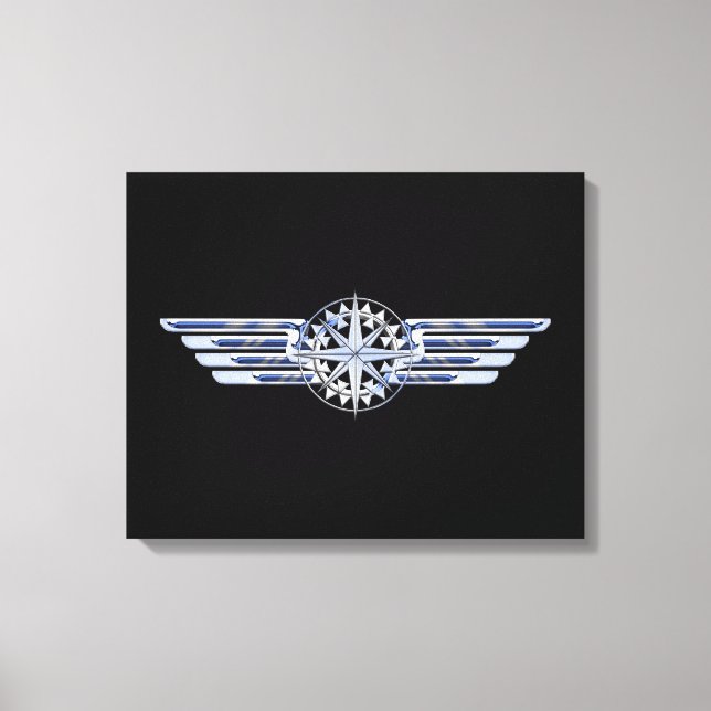 Air Pilot Chrome Like Wings Compass on Black Canvas Print (Front)