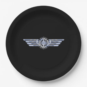 Air Pilot Chrome Like Wings Compass on Black Paper Plate
