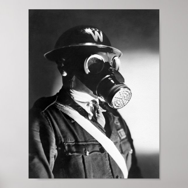 Air Raid Warden Wearing Gas Mask - WW2 Poster (Front)